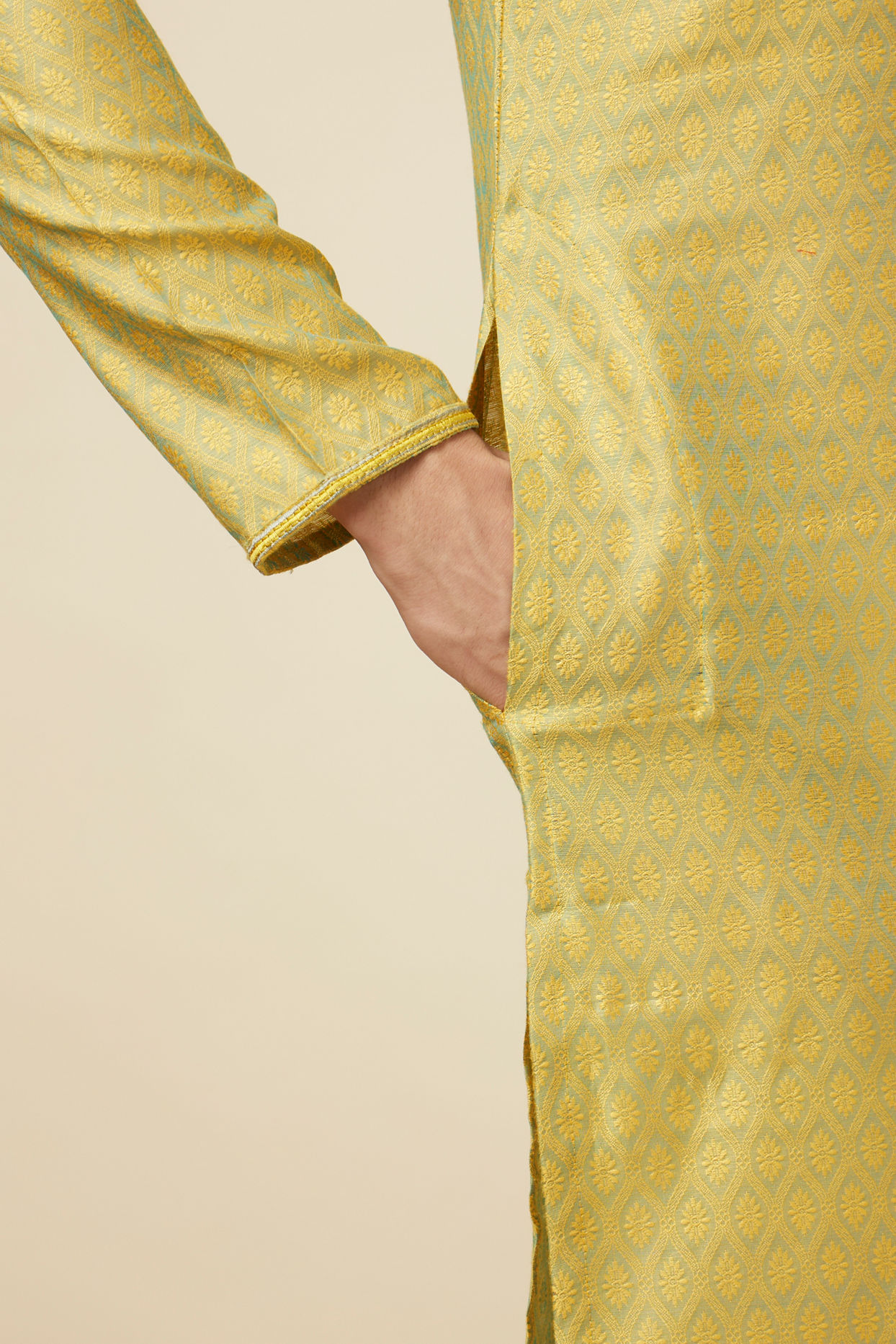 Manyavar Men Light Yellow Self Design Kurta Set