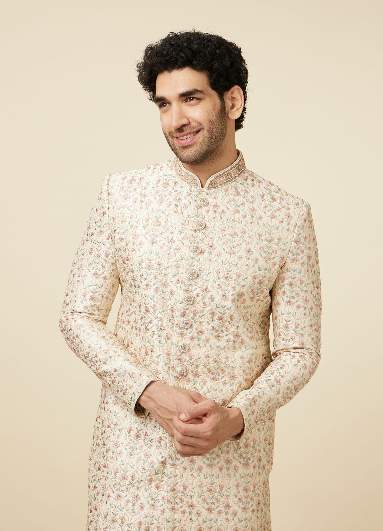 Manyavar Men Plush Cream Color Sherwani Set