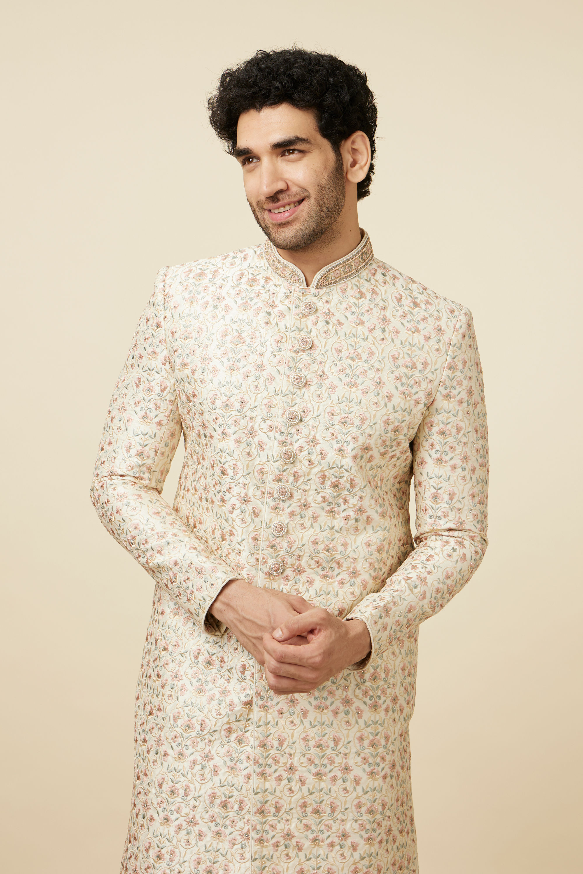 Manyavar Men Plush Cream Color Sherwani Set