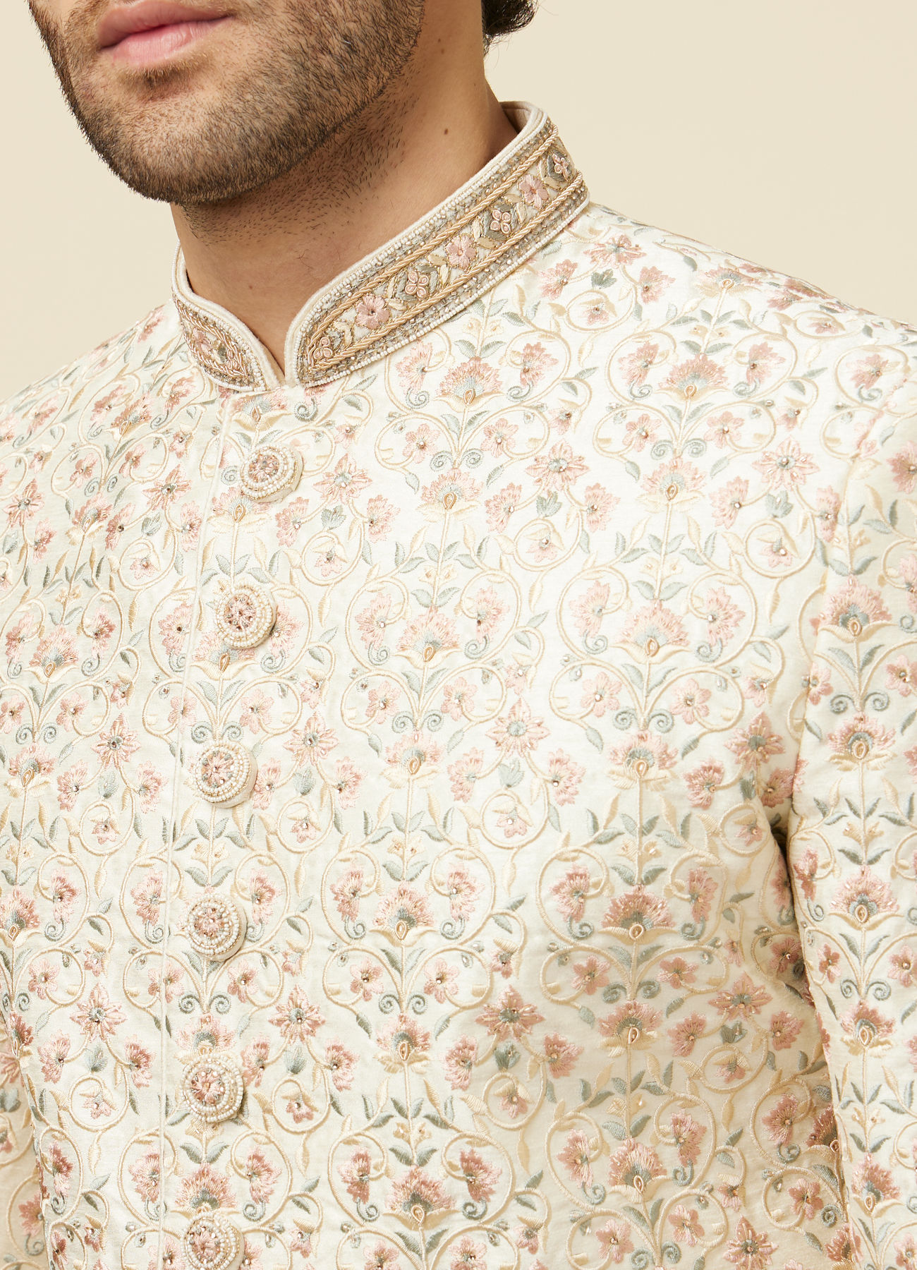 Manyavar Men Plush Cream Color Sherwani Set