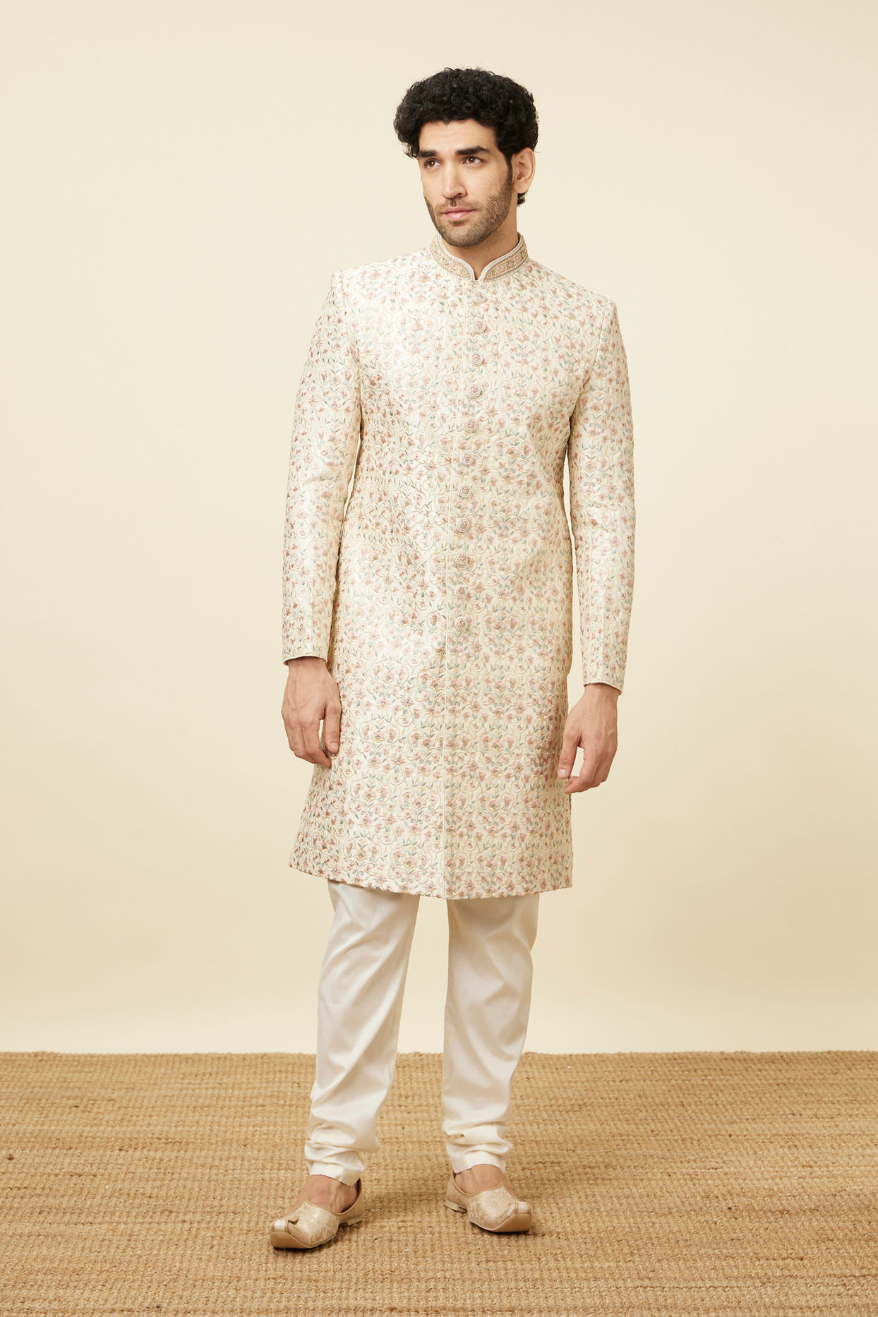 alt message - Manyavar Men Plush Cream Color Sherwani Set image number 3