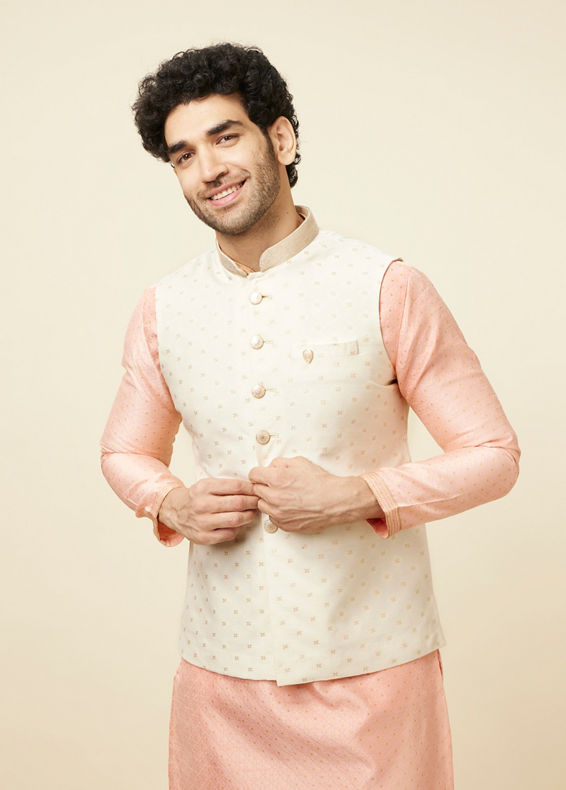 Manyavar Men Off White Boota Print Nehru Jacket