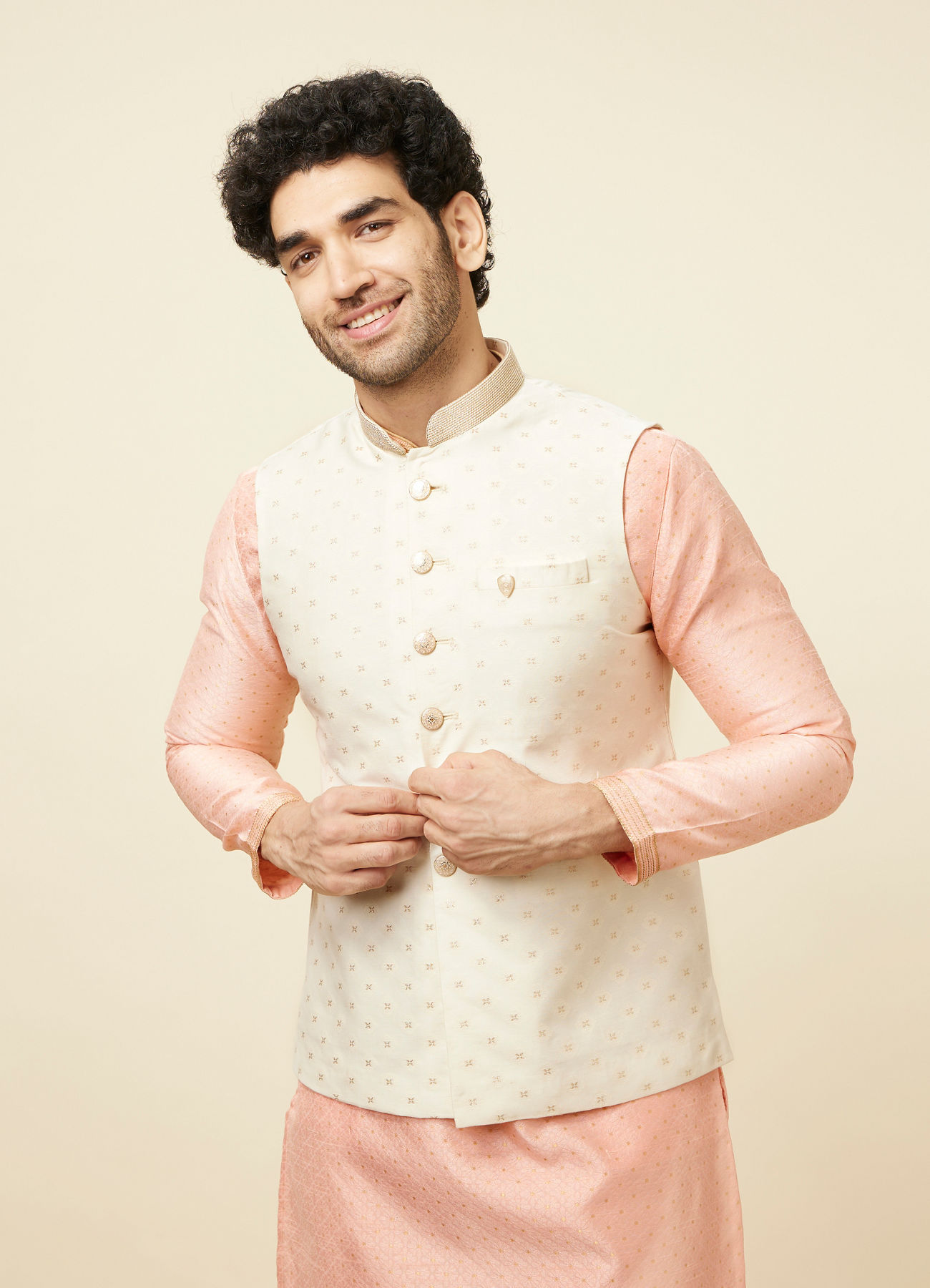 Manyavar Men Off White Boota Print Nehru Jacket