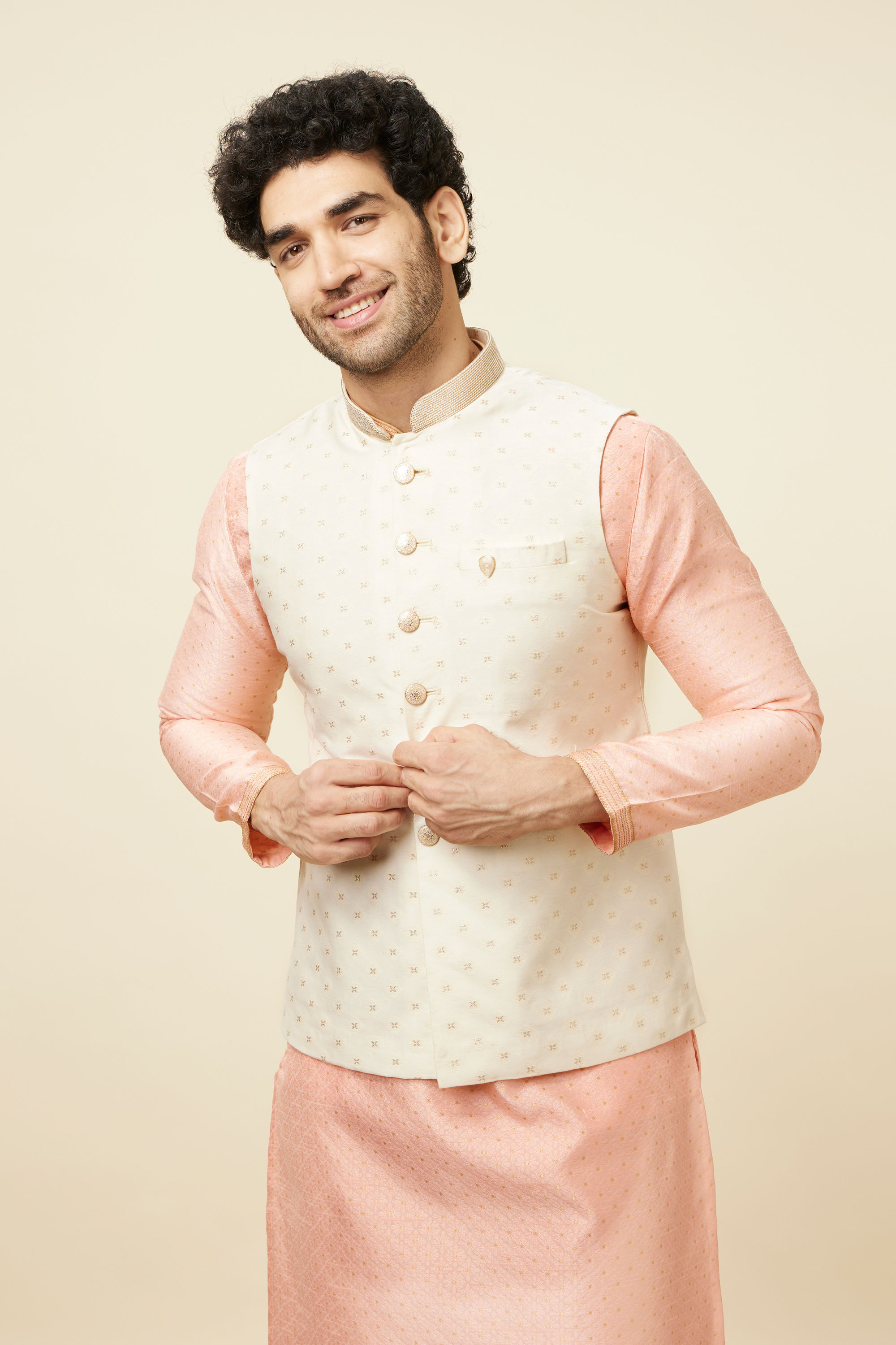 Manyavar Men Off White Boota Print Nehru Jacket