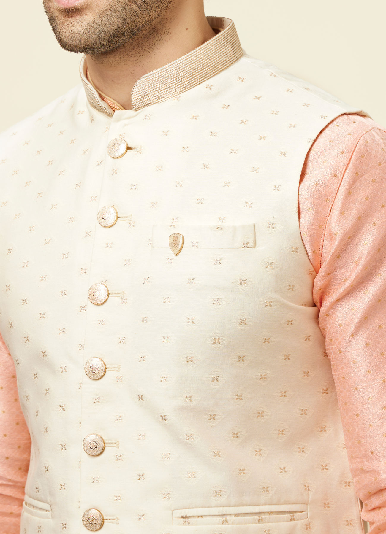 Manyavar Men Off White Boota Print Nehru Jacket