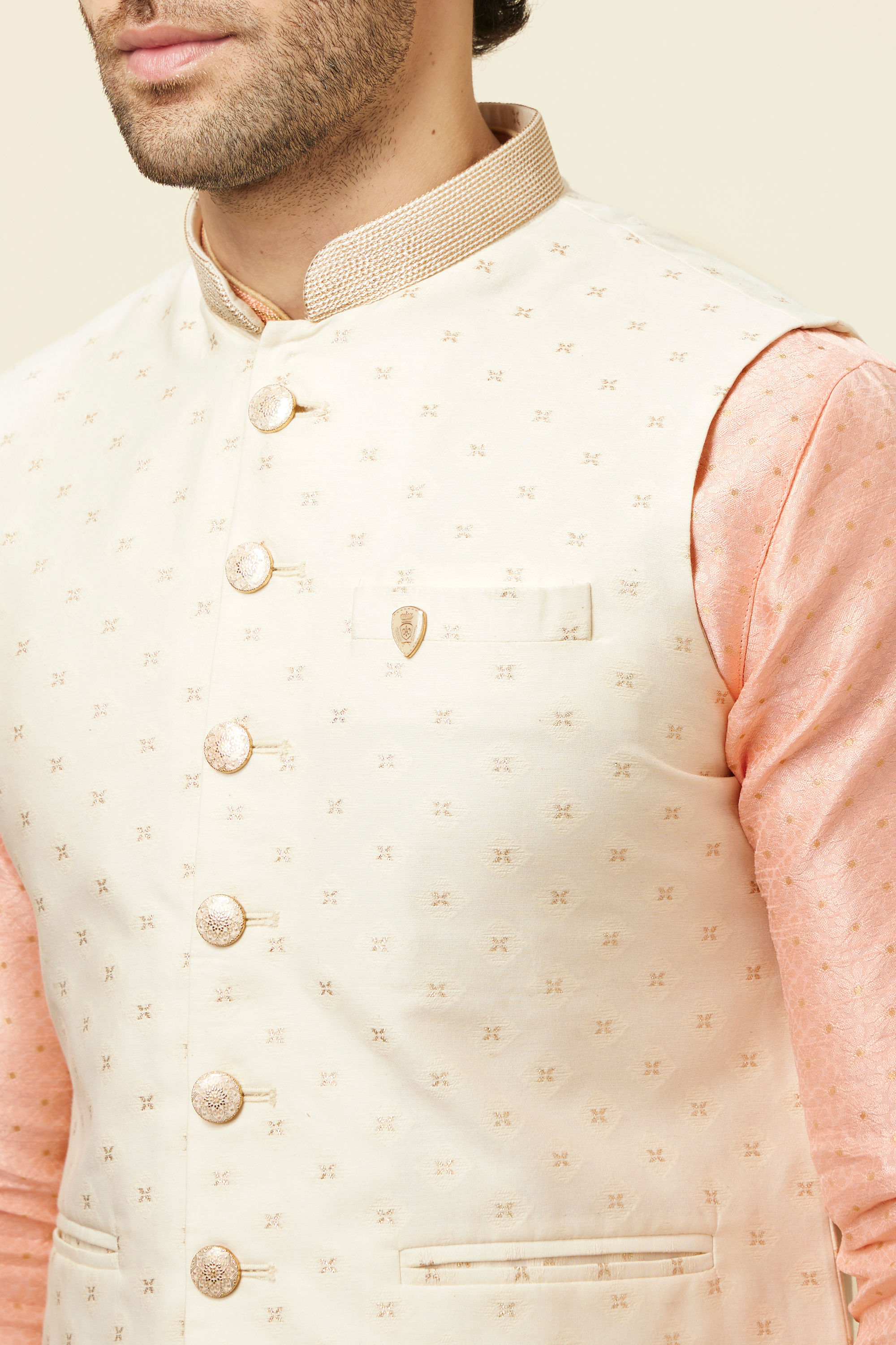 Manyavar Men Off White Boota Print Nehru Jacket