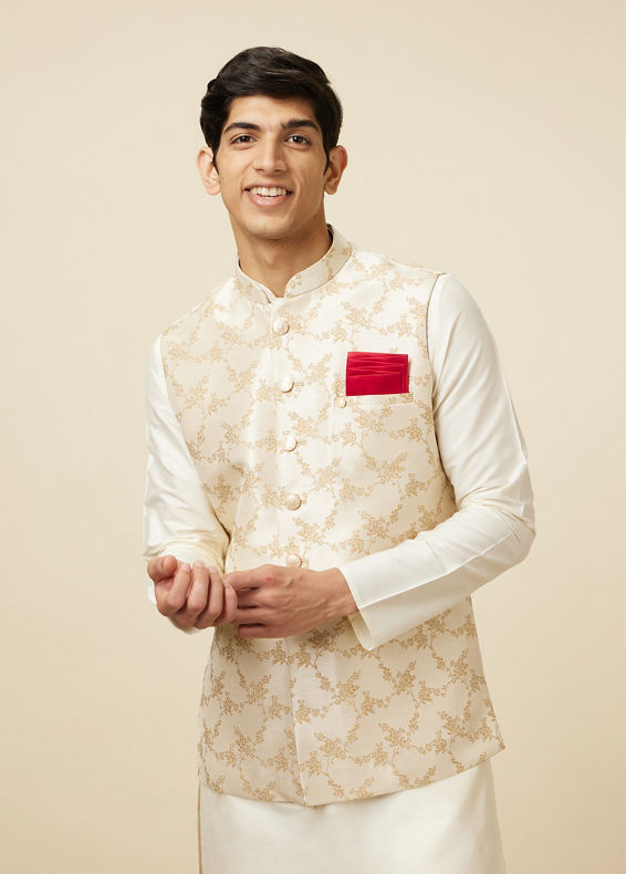 alt message - Manyavar Men Seashell White Modi Jacket