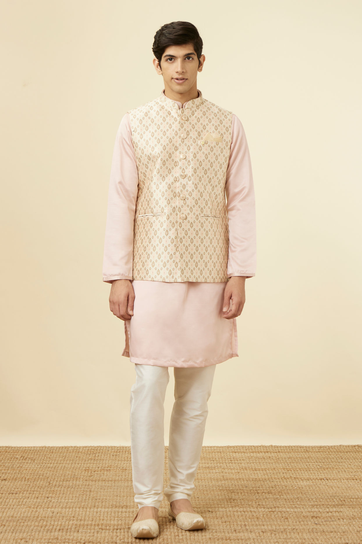 alt message - Manyavar Men Beige Jacket With All Over Motifs image number 2