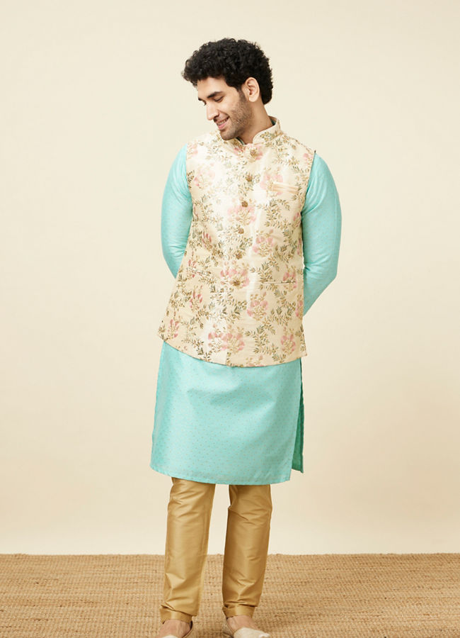 Manyavar Men Biscuit Shade Jacket With Floral Work
