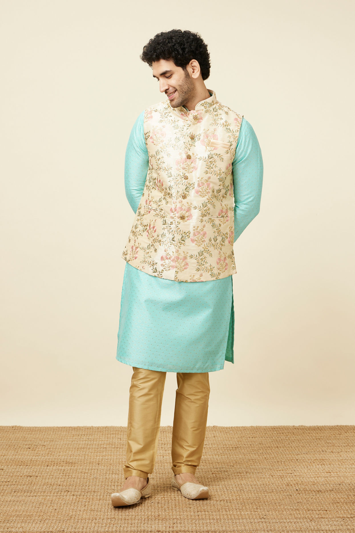 alt message - Manyavar Men Biscuit Shade Jacket With Floral Work image number 2