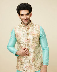 Manyavar Men Biscuit Shade Jacket With Floral Work