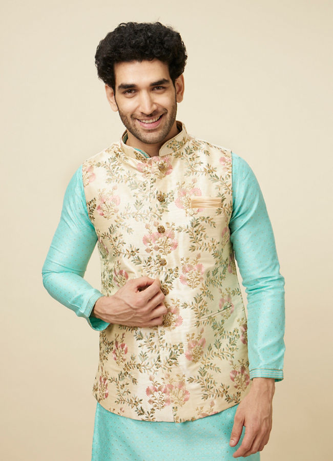 alt message - Manyavar Men Biscuit Shade Jacket With Floral Work image number 0