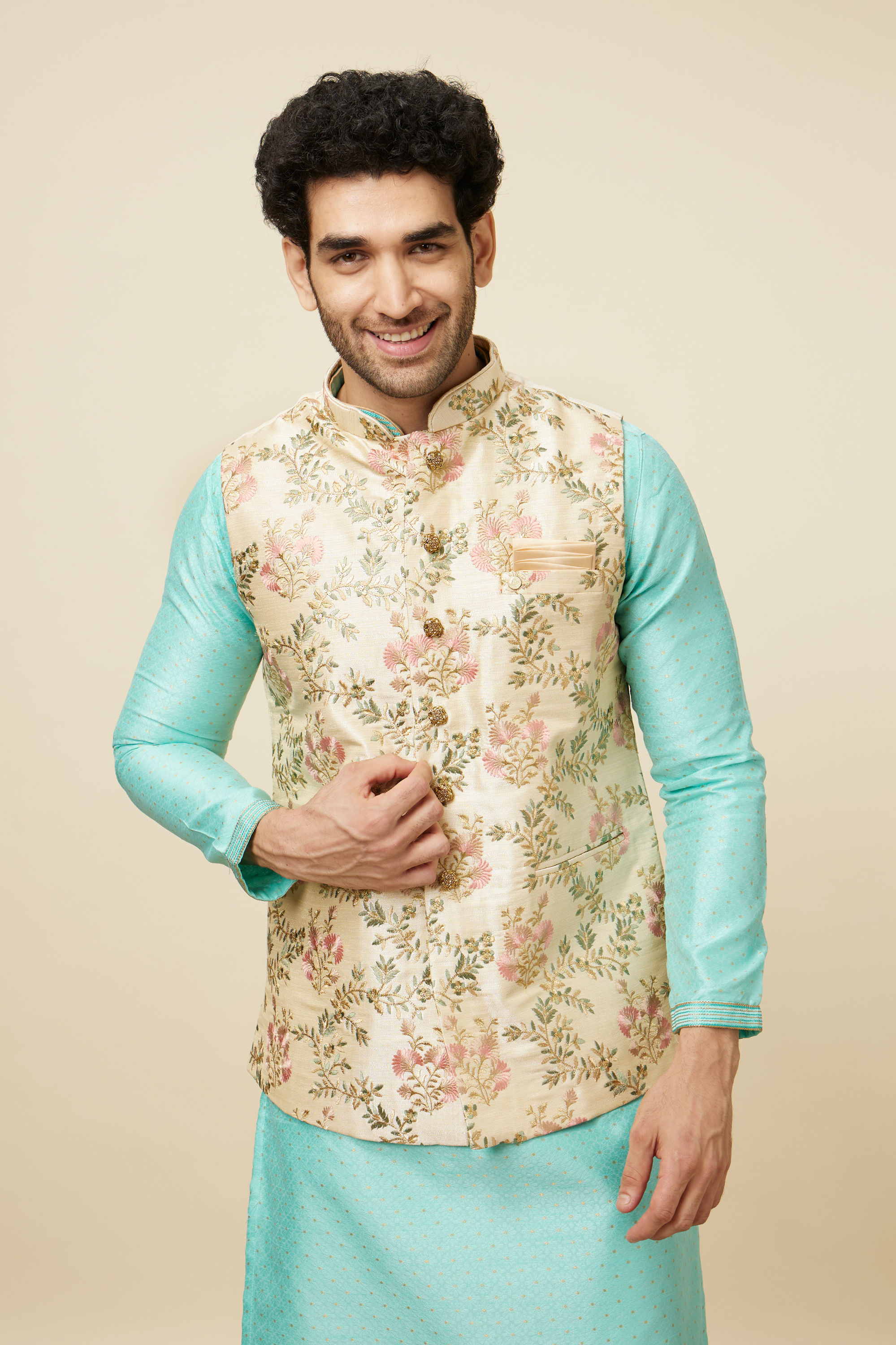 Manyavar Men Biscuit Shade Jacket With Floral Work