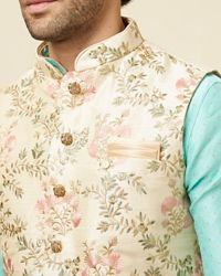 Manyavar Men Biscuit Shade Jacket With Floral Work