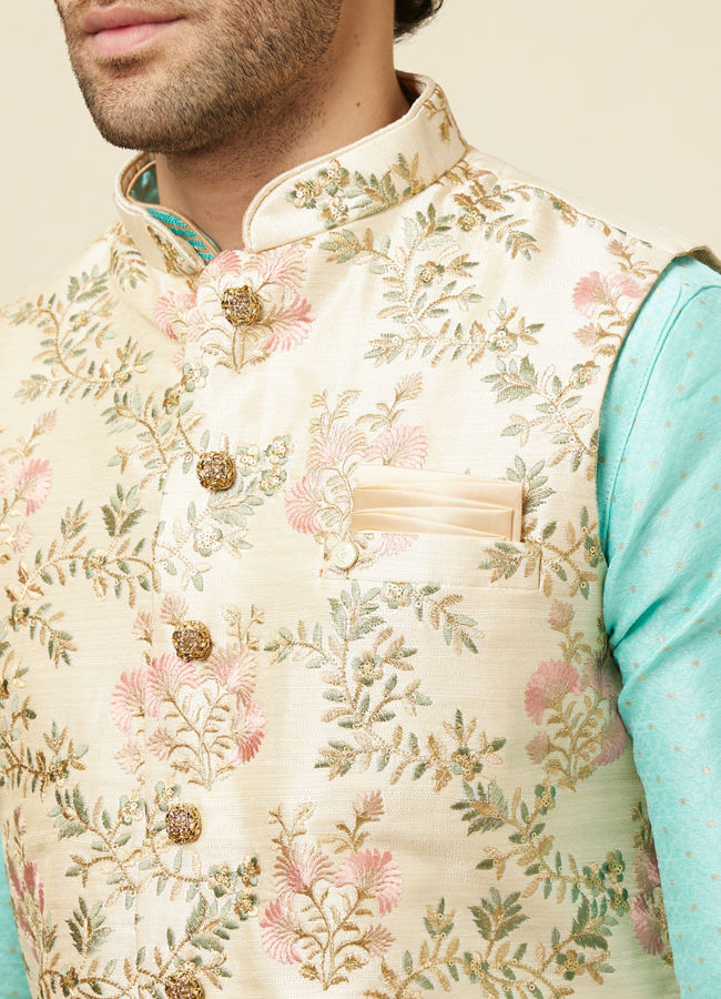 Manyavar Men Biscuit Shade Jacket With Floral Work
