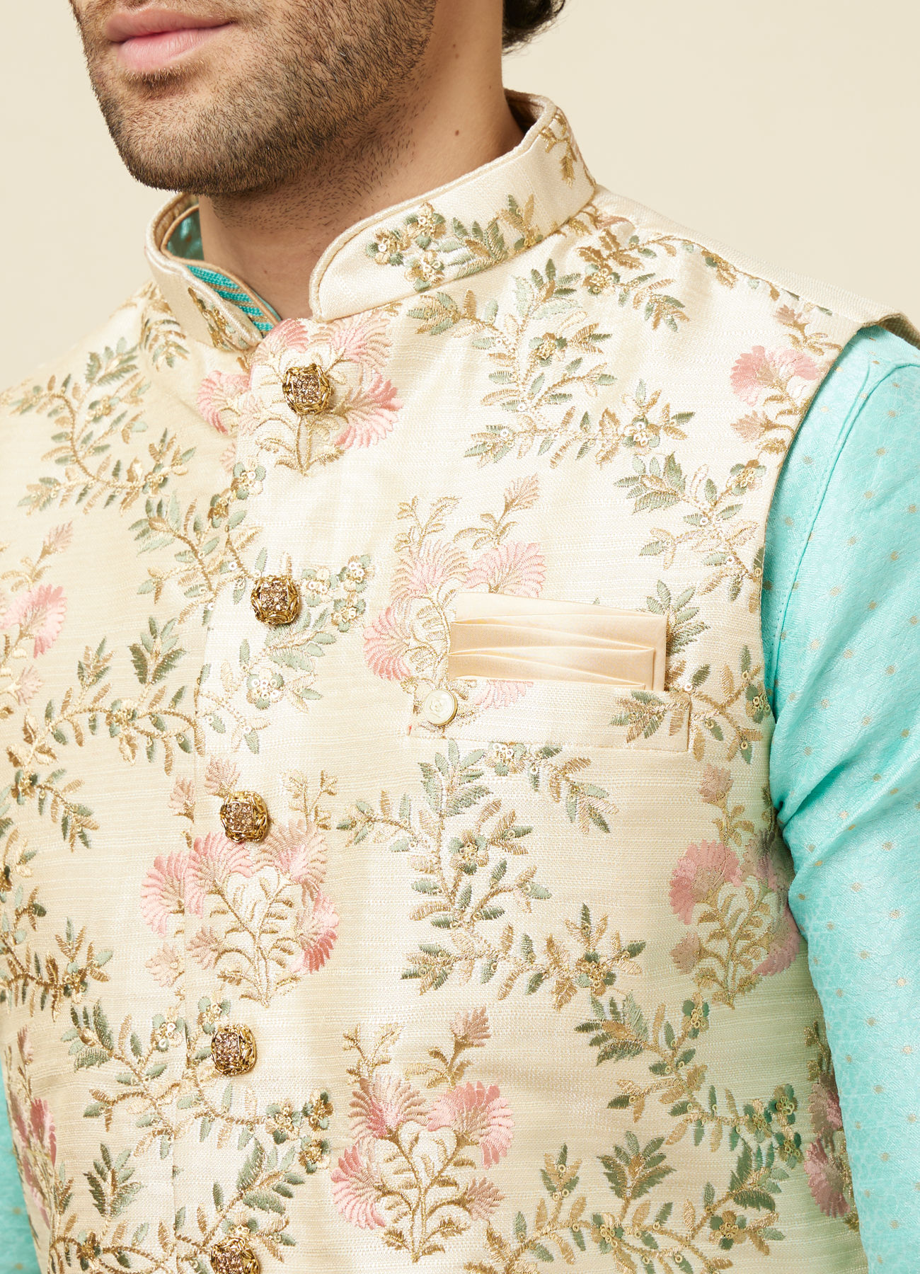 Manyavar Men Biscuit Shade Jacket With Floral Work