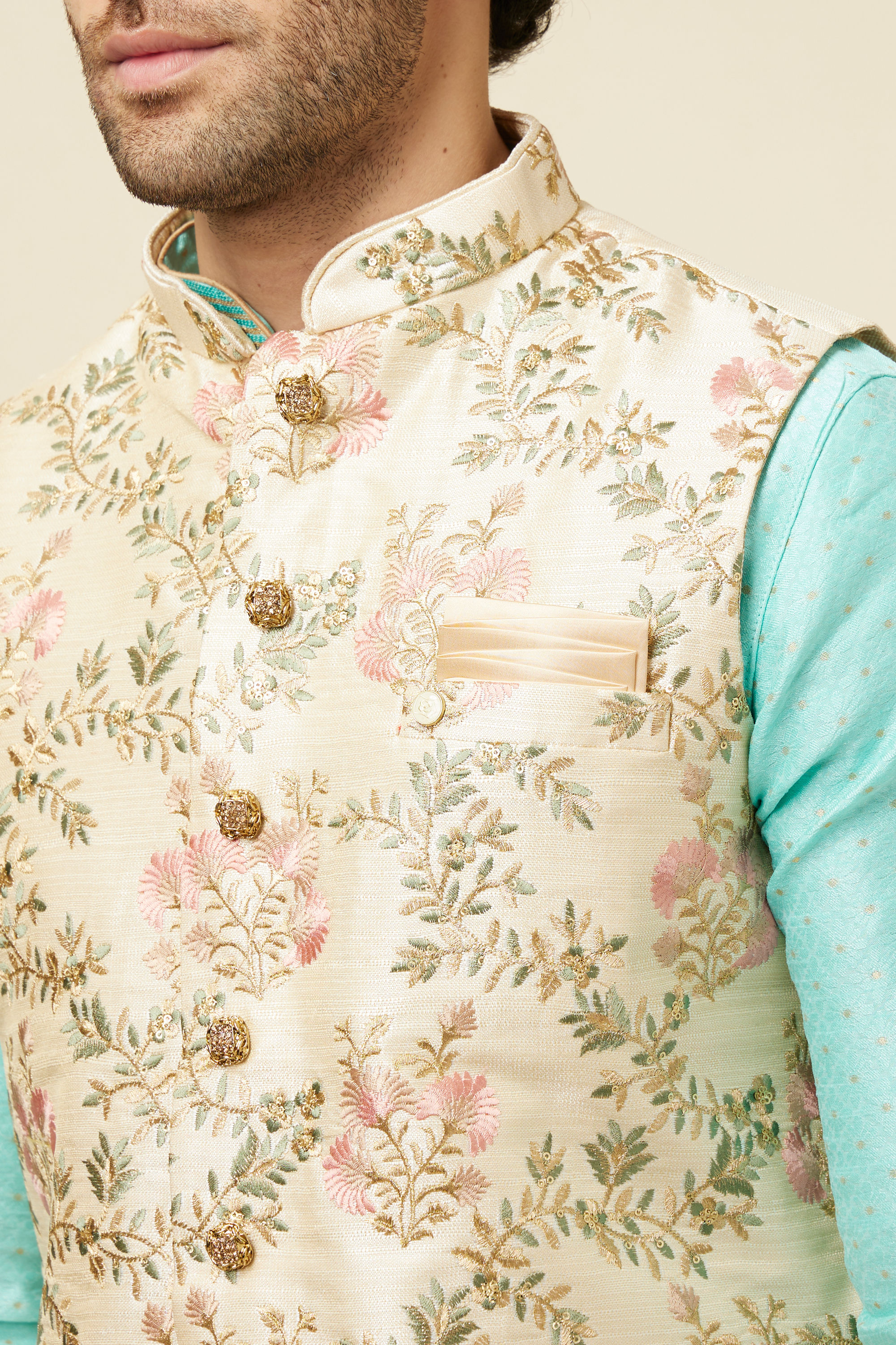 Manyavar Men Biscuit Shade Jacket With Floral Work