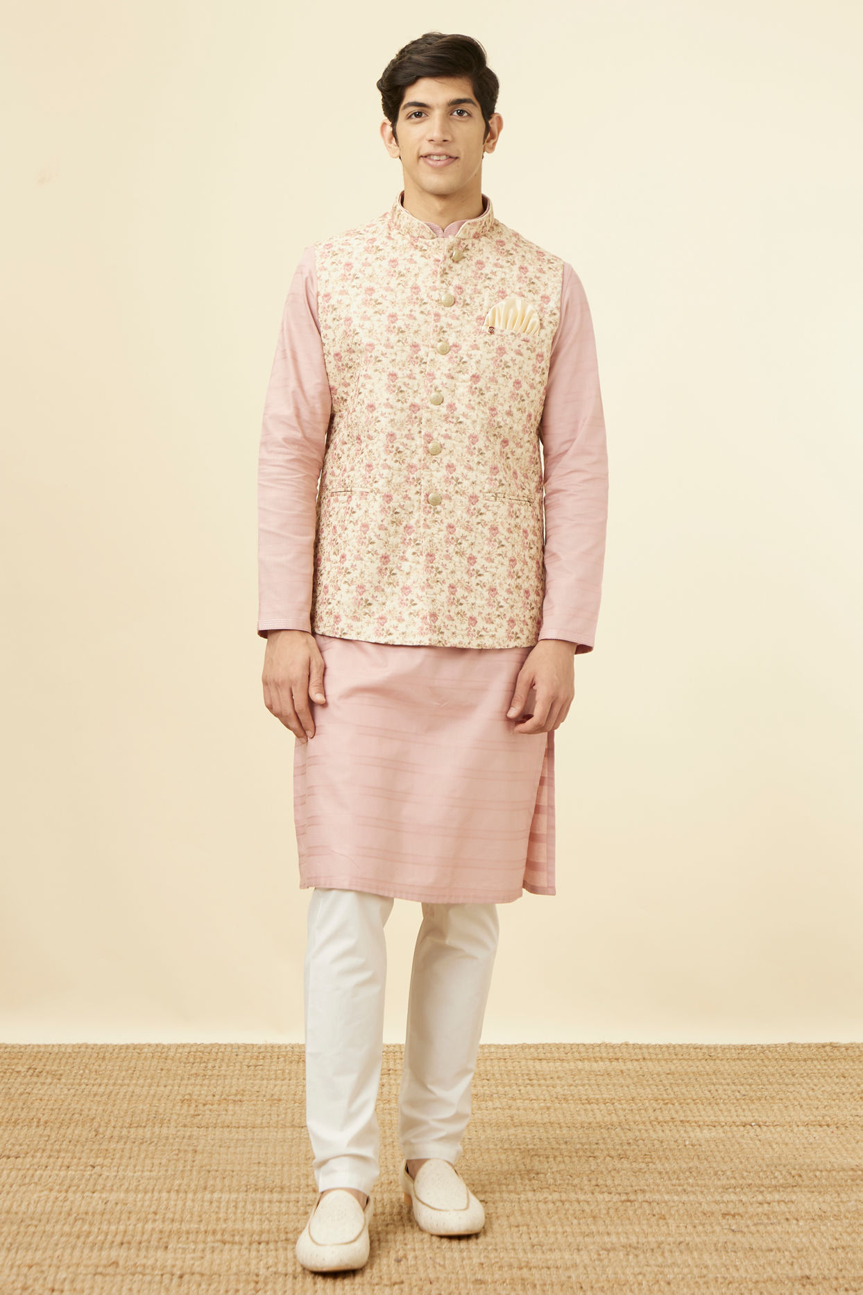 alt message - Manyavar Men Beige Floral Work Jacket image number 2