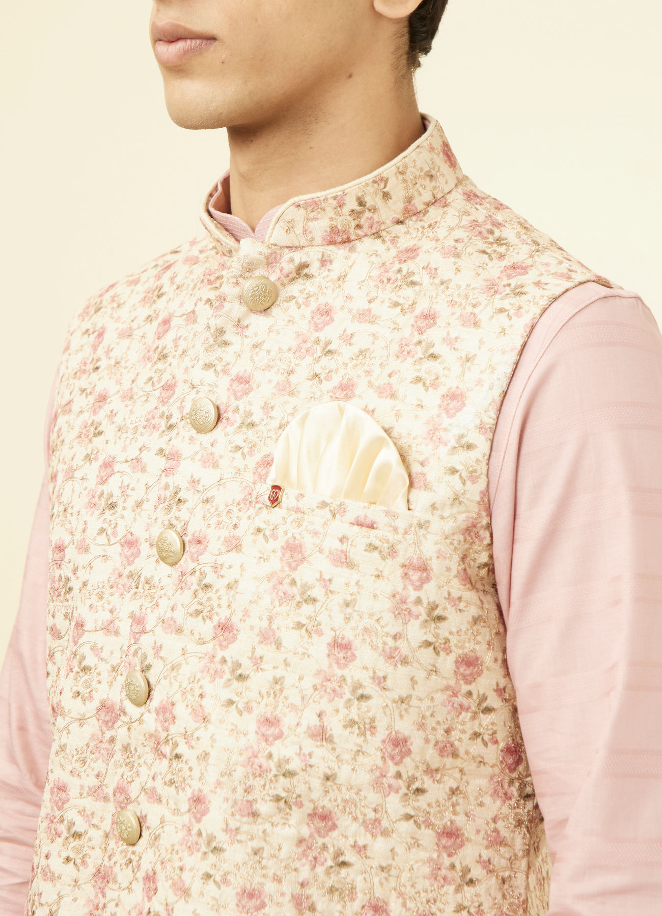 Manyavar Men Beige Floral Work Jacket