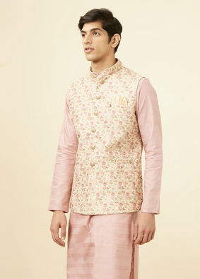 alt message - Manyavar Men Beige Floral Work Jacket