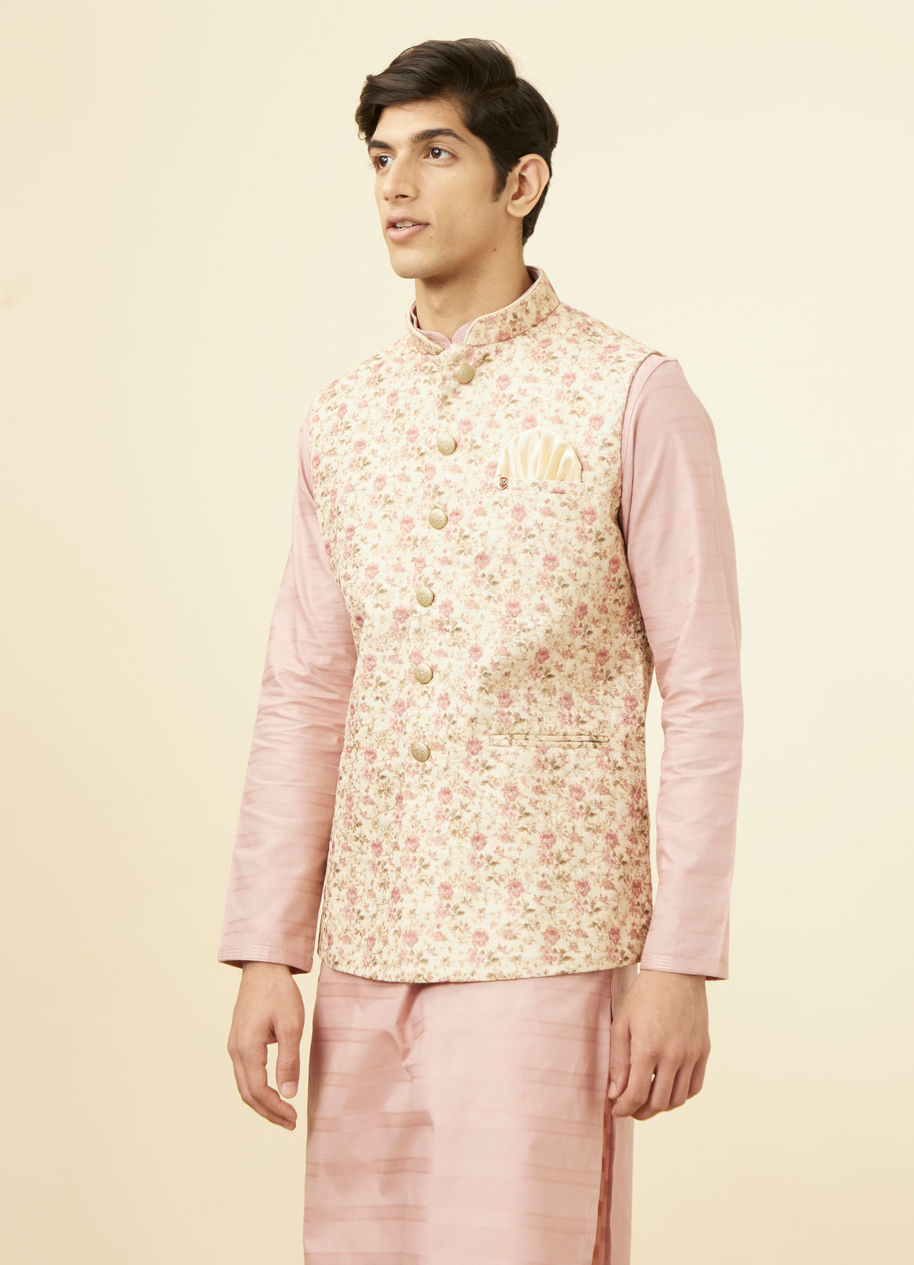 Manyavar Men Beige Floral Work Jacket