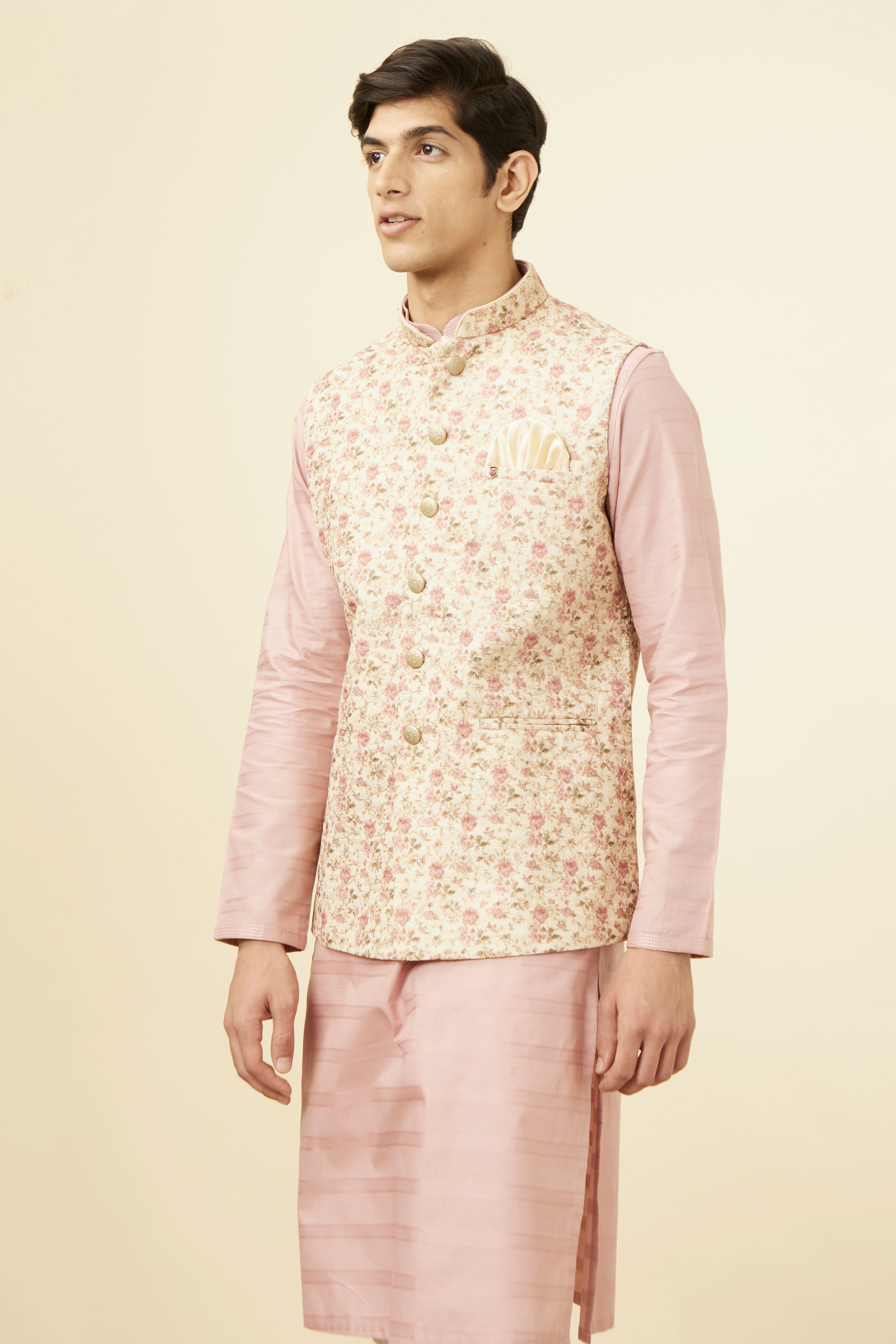 Manyavar Men Beige Floral Work Jacket