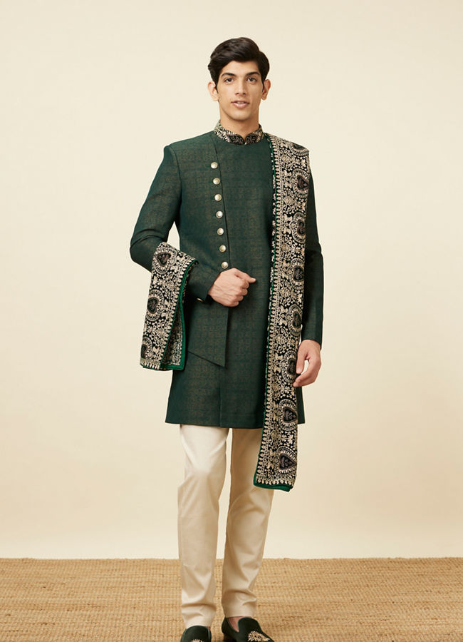 alt message - Manyavar Men Bottle Green Indo Western Set image number 3