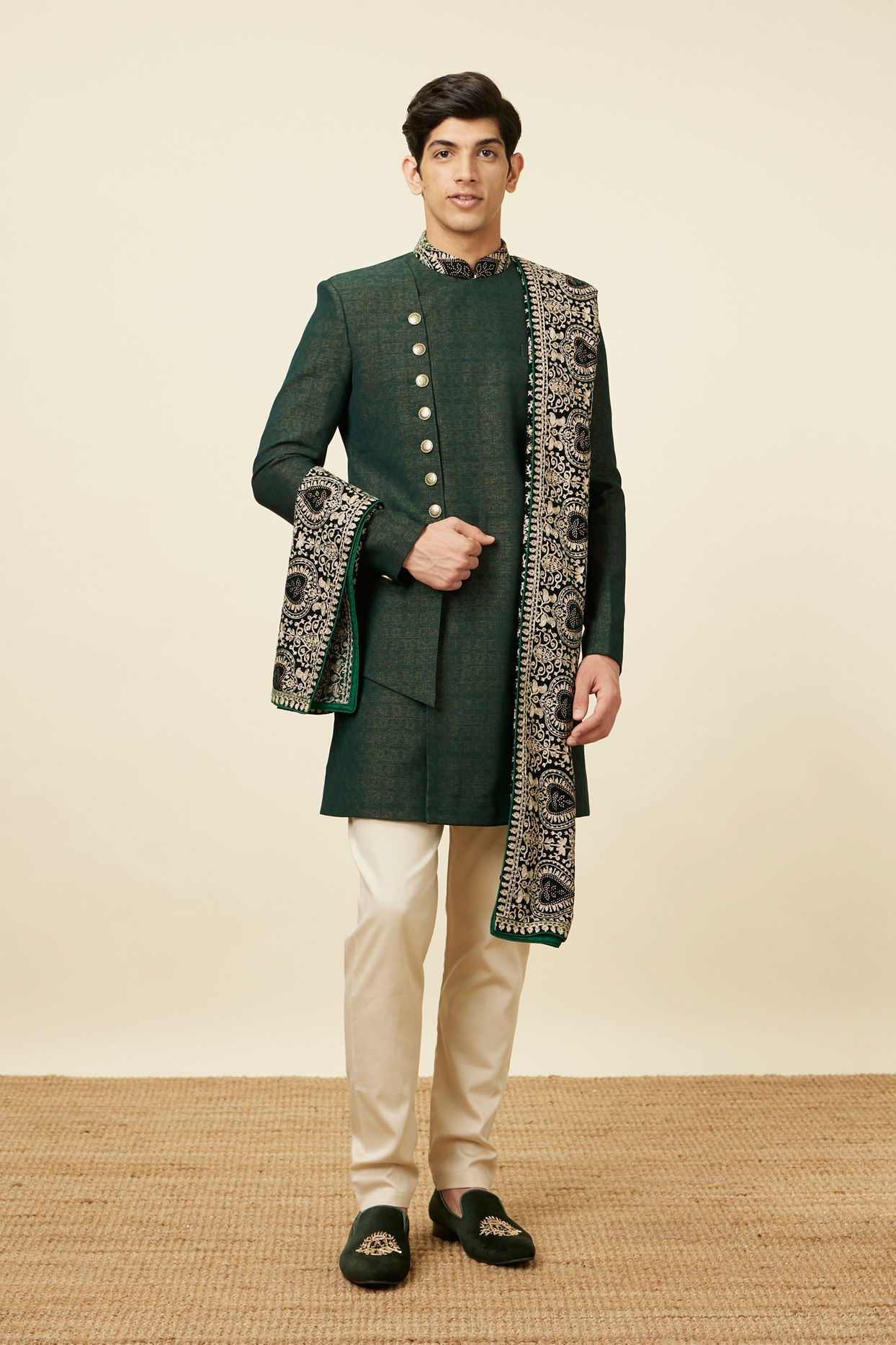 Manyavar Men Bottle Green Indo Western Set