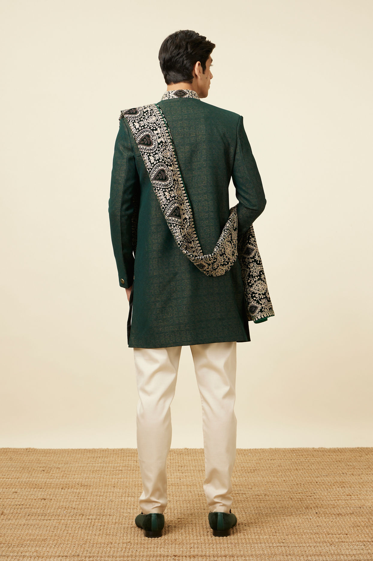 Manyavar Men Bottle Green Indo Western Set