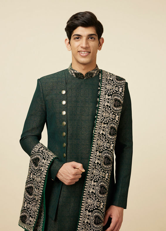 Manyavar Men Bottle Green Indo Western Set