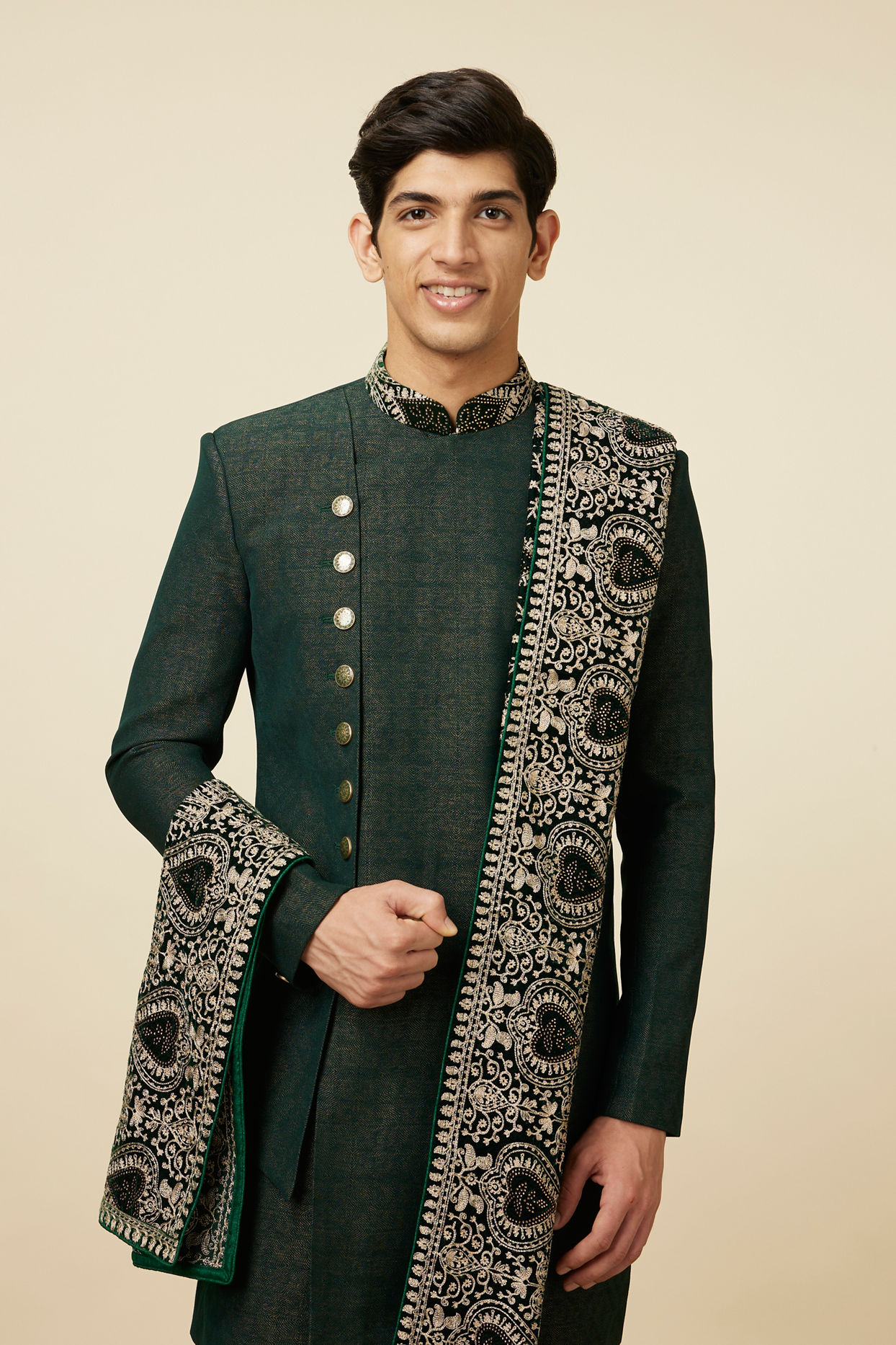 Manyavar Men Bottle Green Indo Western Set