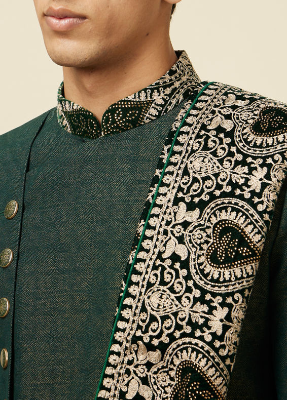 Manyavar Men Bottle Green Indo Western Set