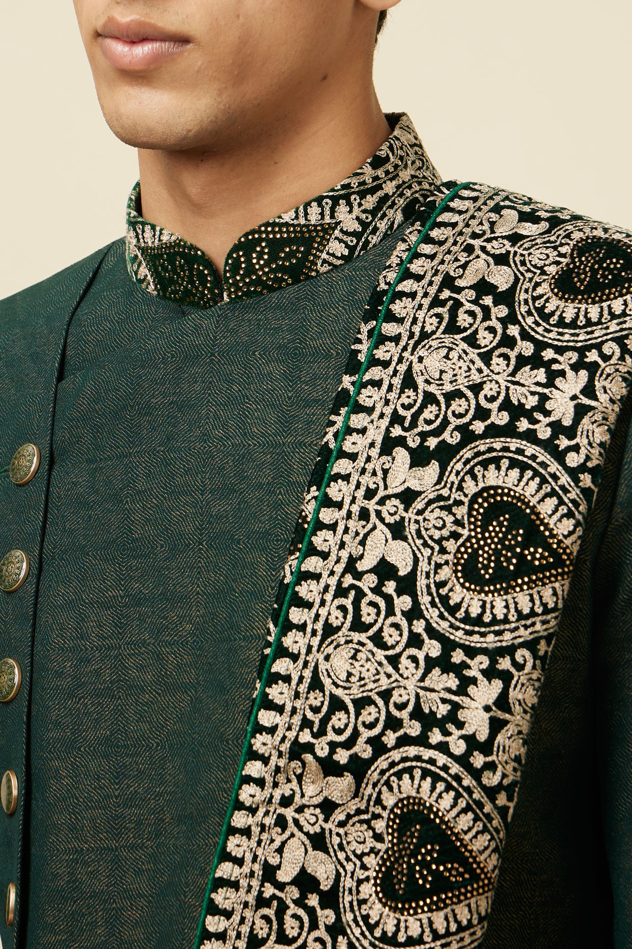 Manyavar Men Bottle Green Indo Western Set
