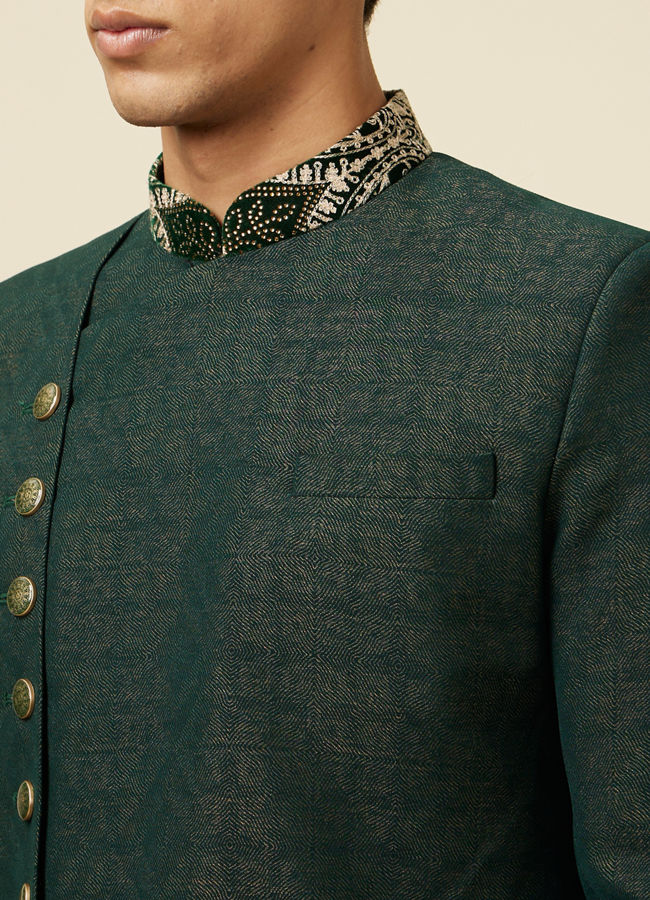 Manyavar Men Bottle Green Indo Western Set