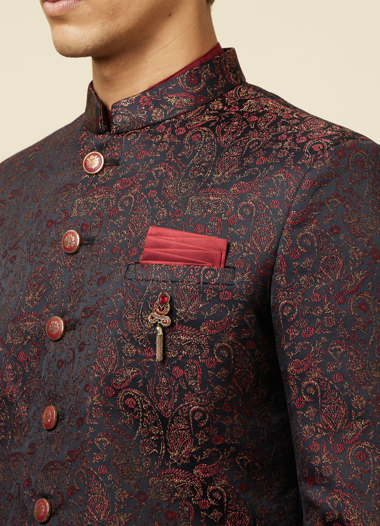 Manyavar Men Maroon Paisley Print Indo Western