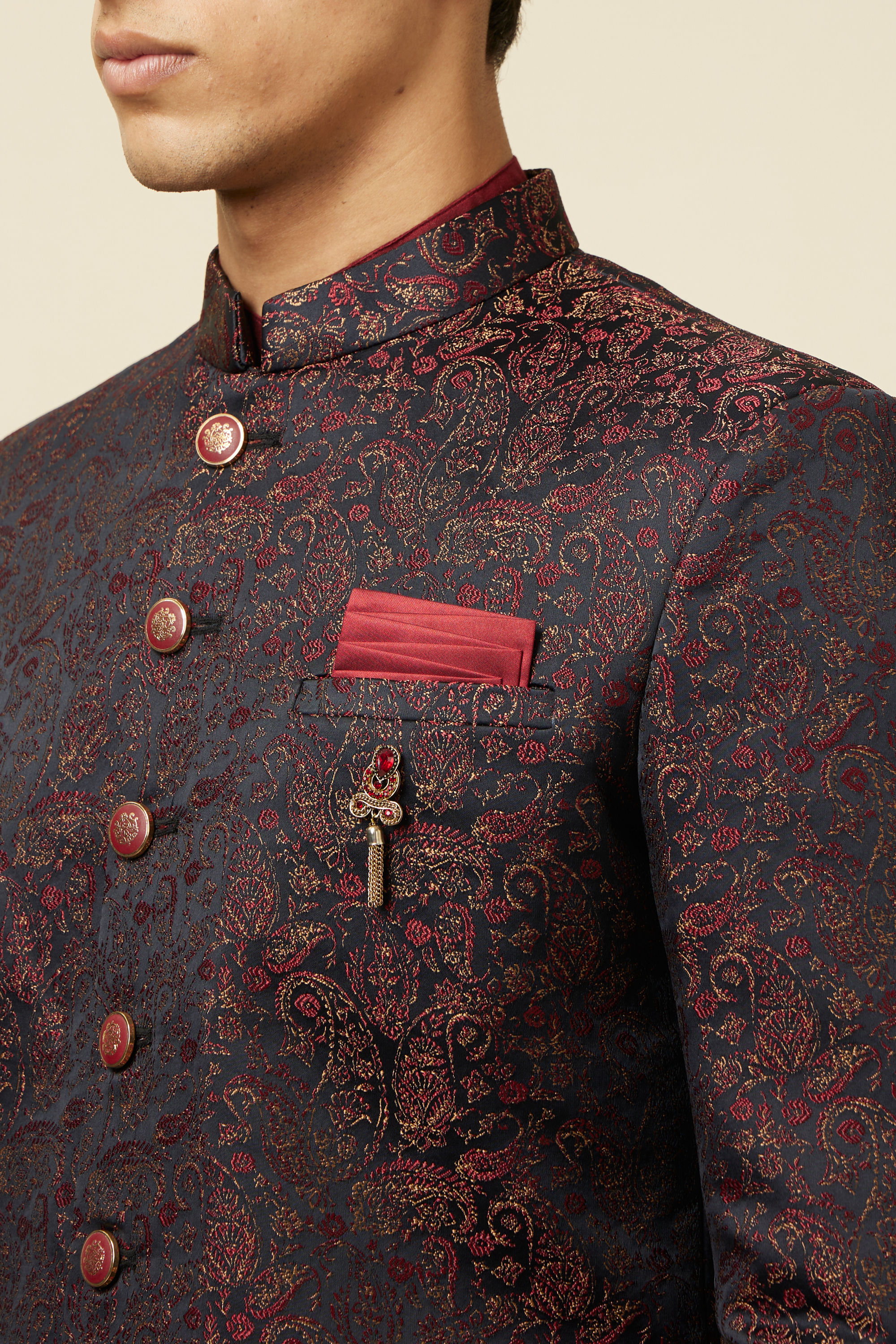 Manyavar Men Maroon Paisley Print Indo Western