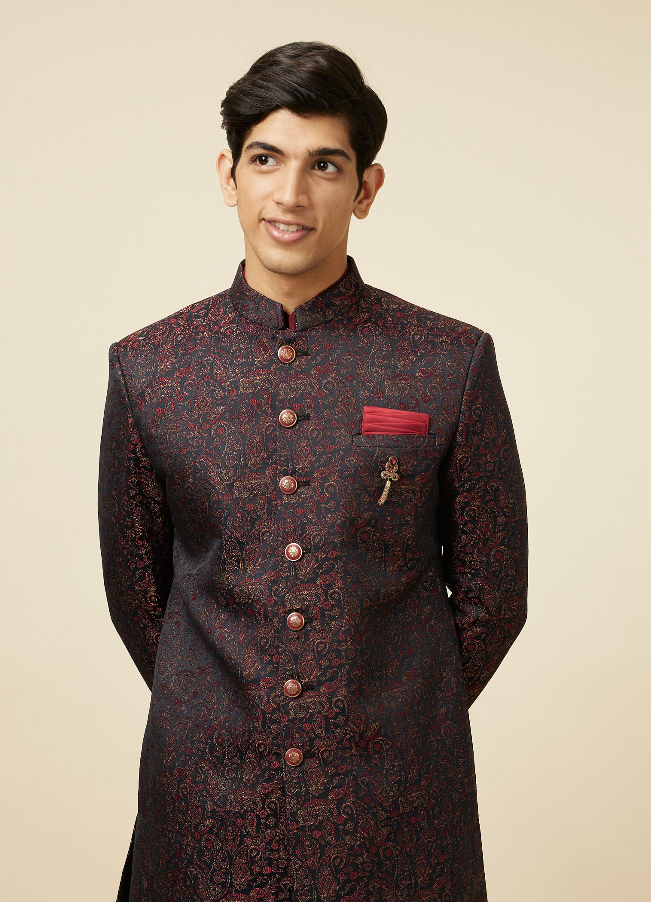 Manyavar Men Maroon Paisley Print Indo Western