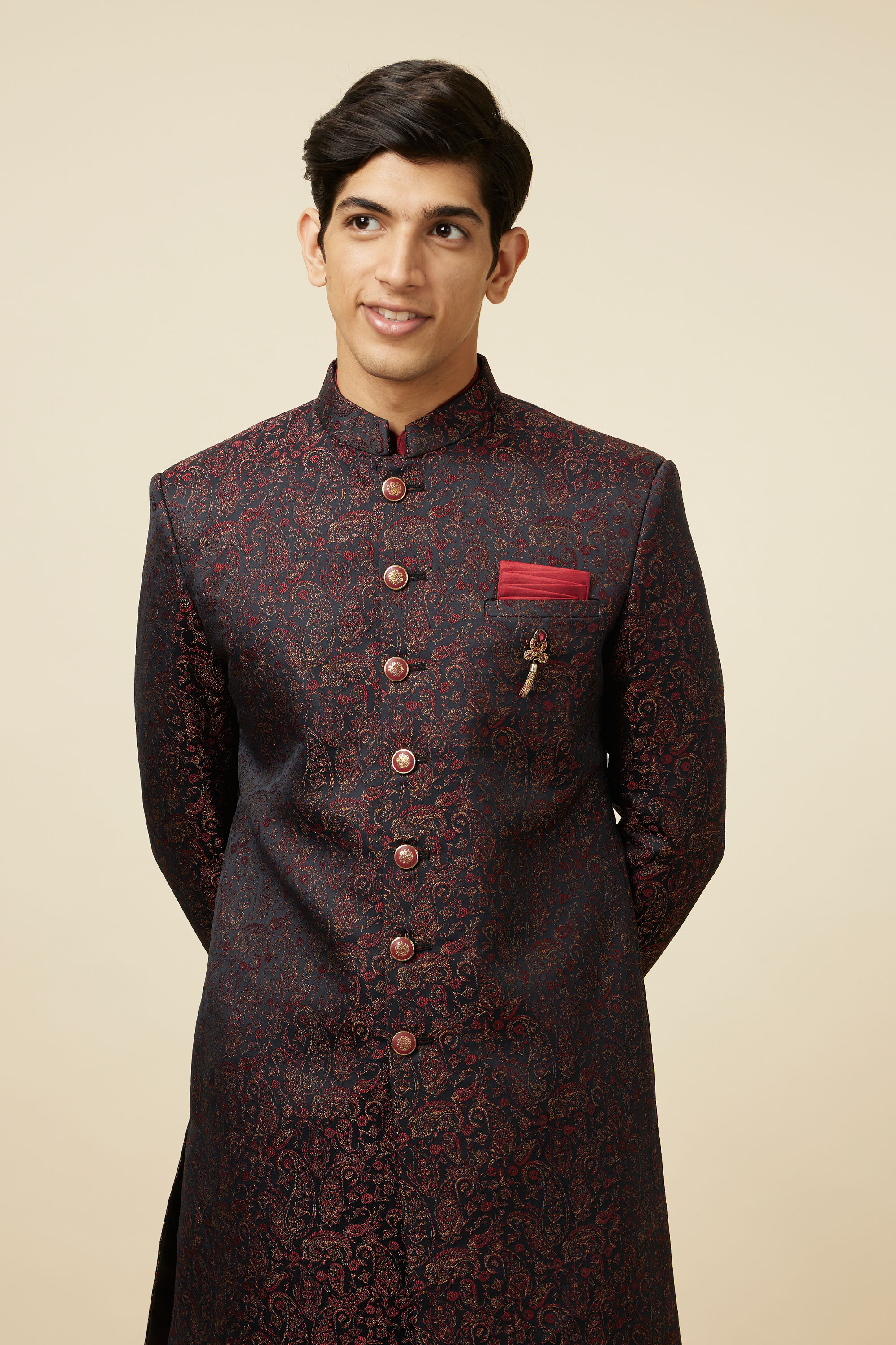 Manyavar Men Maroon Paisley Print Indo Western