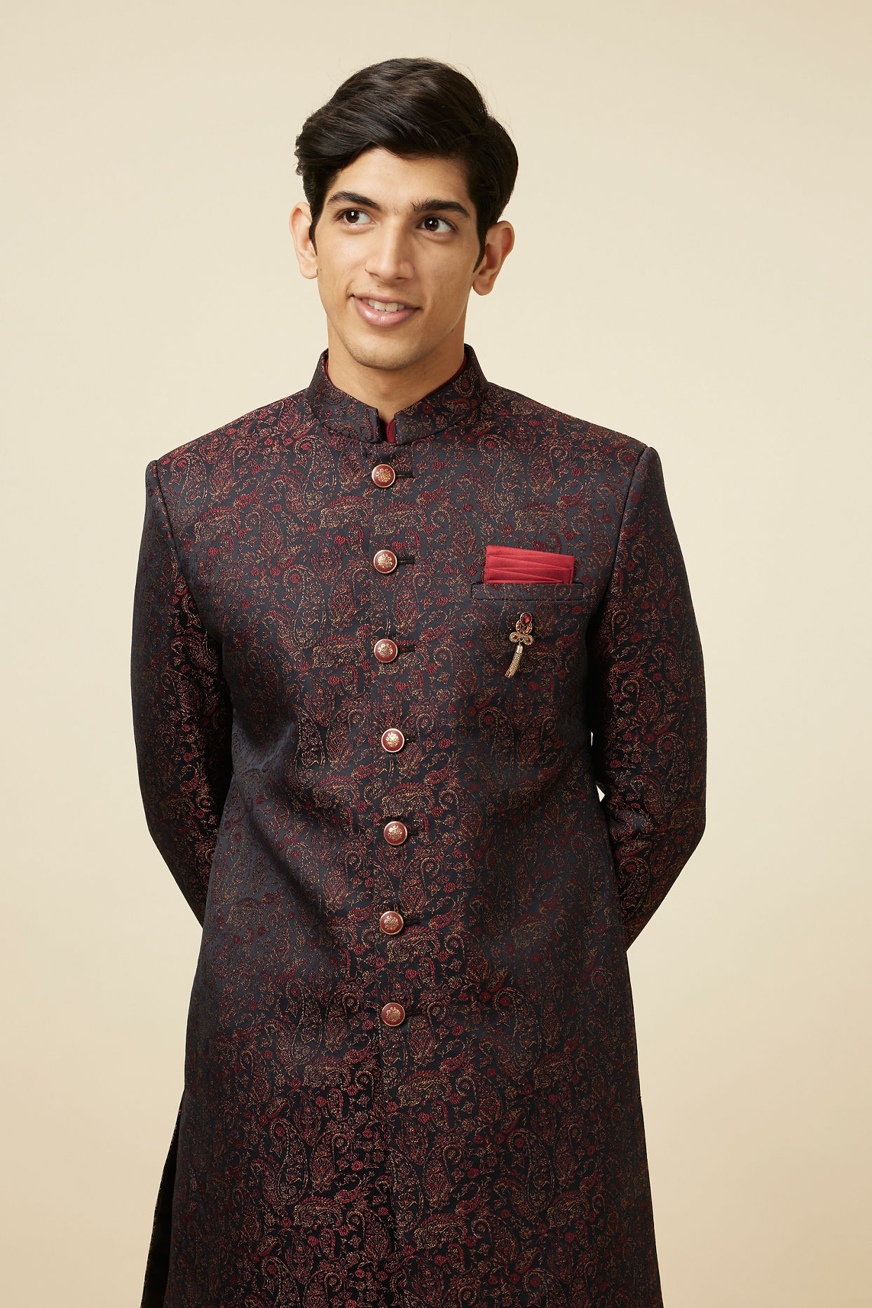 alt message - Manyavar Men Maroon Paisley Print Indo Western image number 0