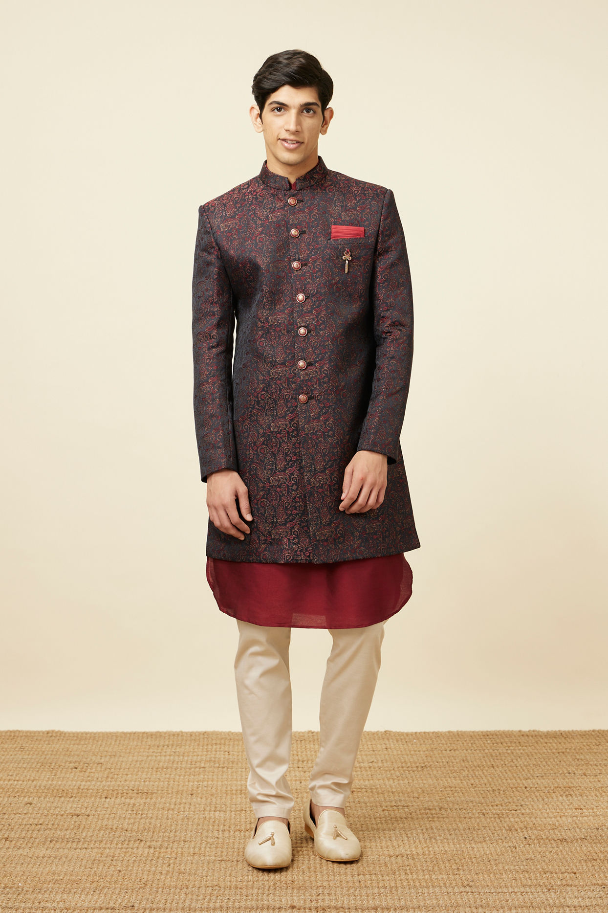 Manyavar Men Maroon Paisley Print Indo Western