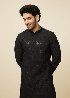 alt message - Manyavar Men Black Chikankari Kurta Set with Sequin Embroidery image number 0