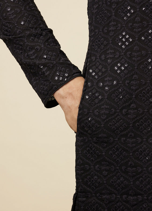 Manyavar Men Black Chikankari Kurta Set with Sequin Embroidery