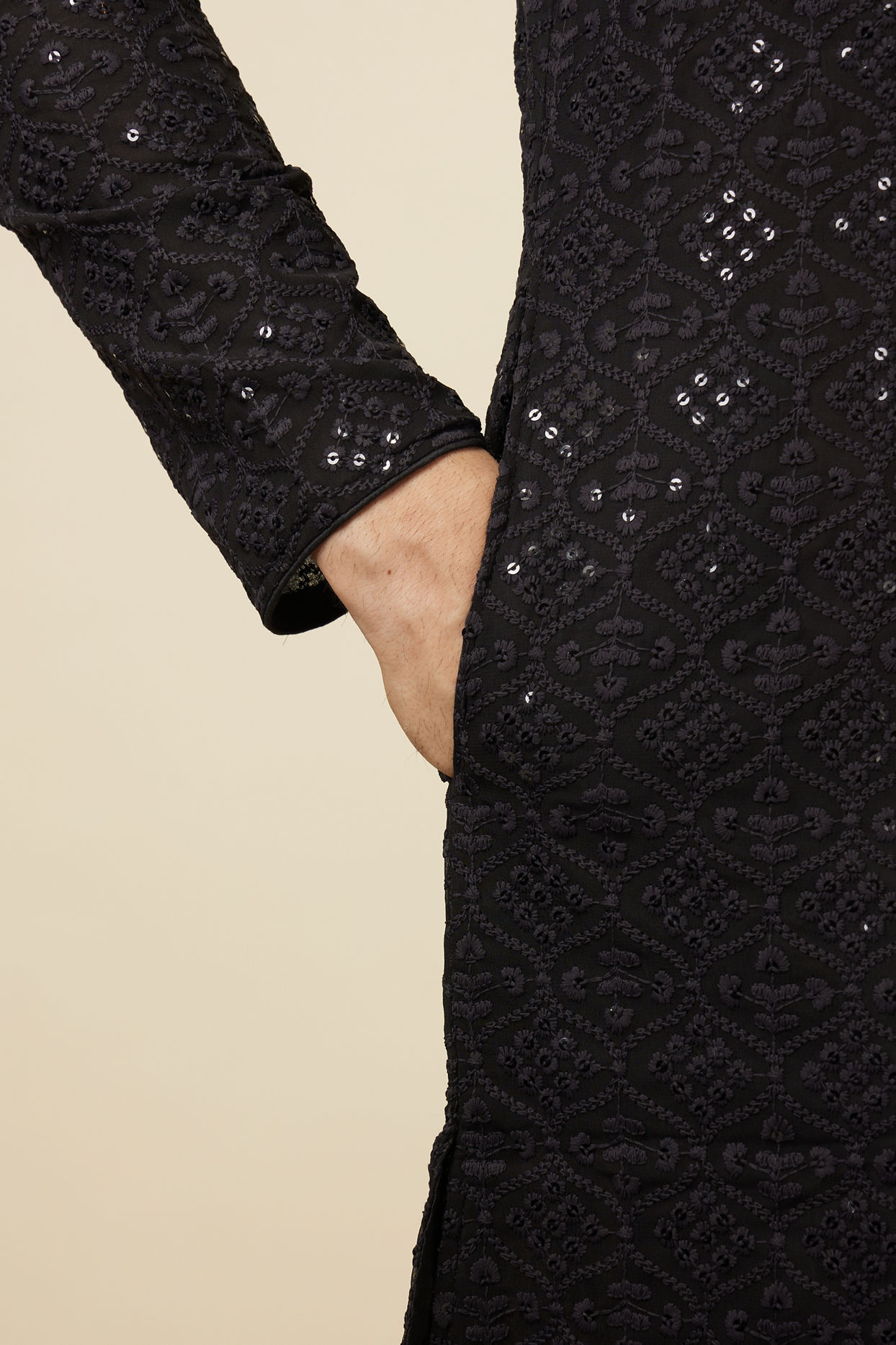 Manyavar Men Black Chikankari Kurta Set with Sequin Embroidery