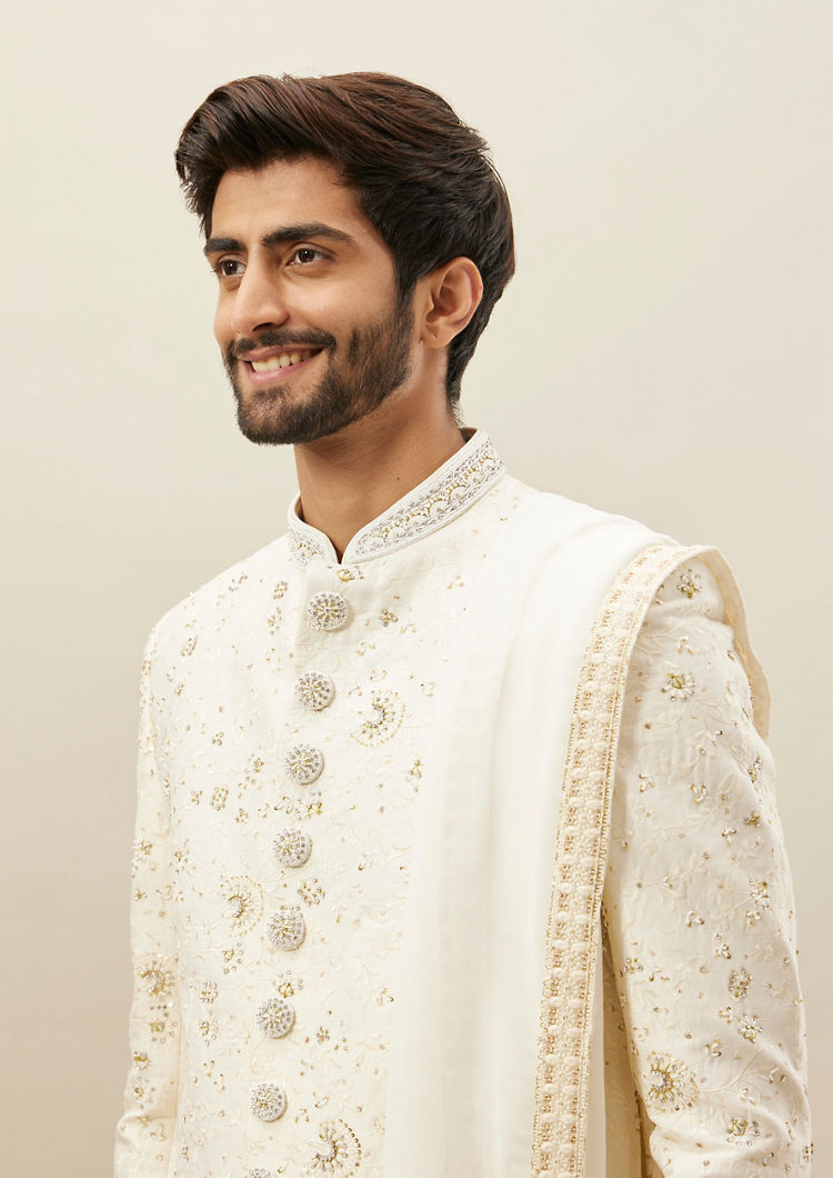 Twamev Men Ivory Embroidered Sherwani Set