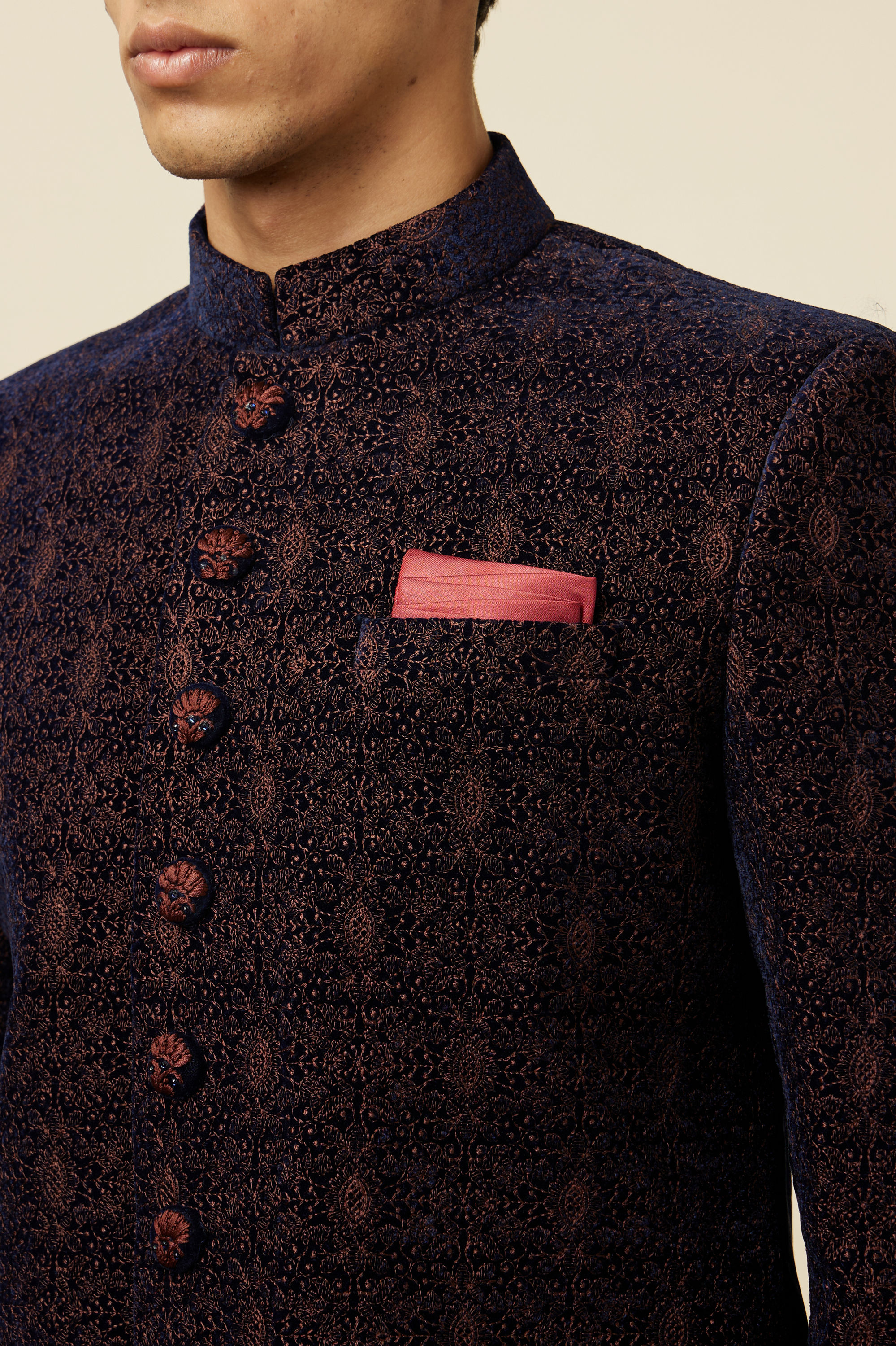 Manyavar Men Enchanting Velvet Blue Indo Western