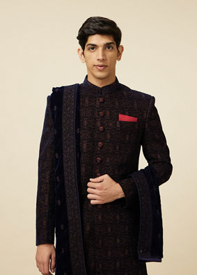 Manyavar Men Enchanting Velvet Blue Indo Western