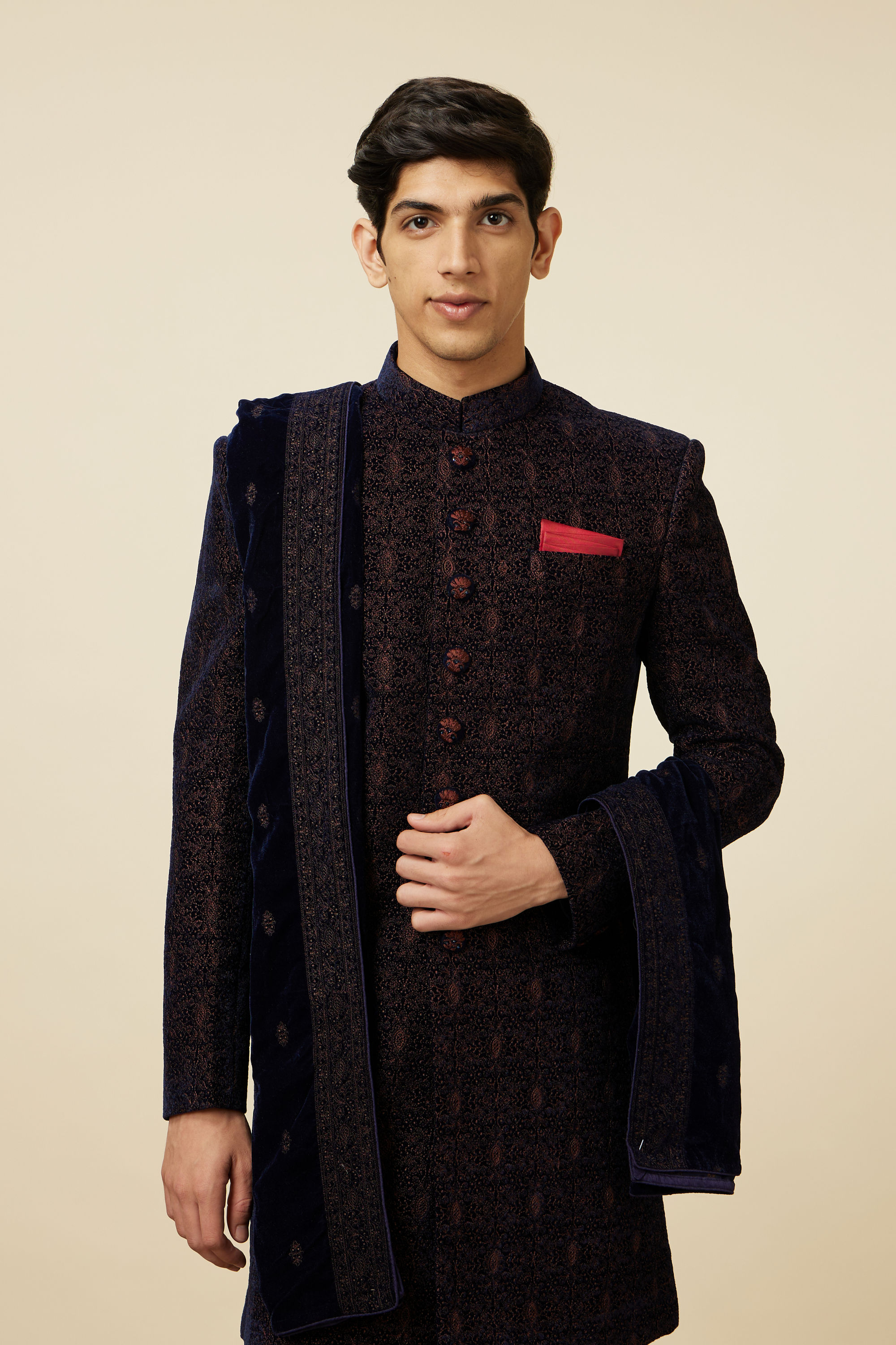 Manyavar Men Enchanting Velvet Blue Indo Western