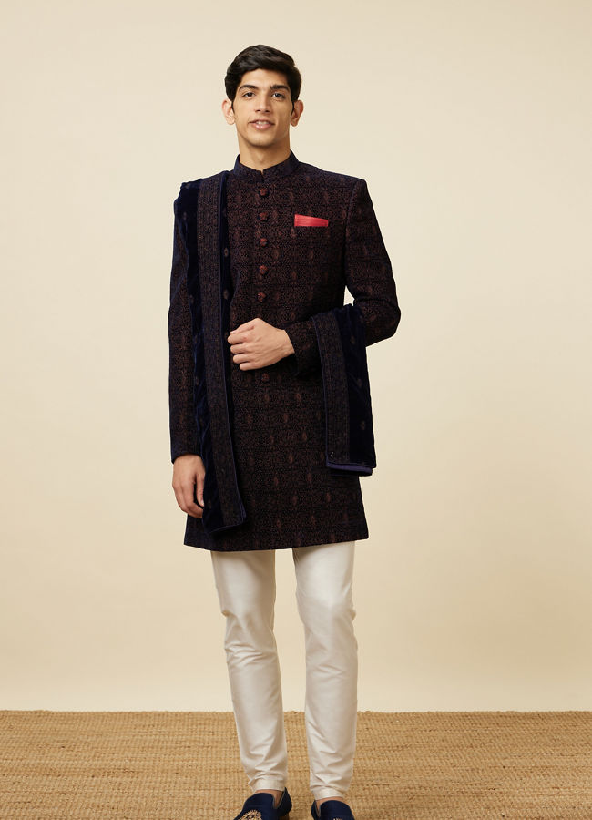 alt message - Manyavar Men Enchanting Velvet Blue Indo Western image number 2