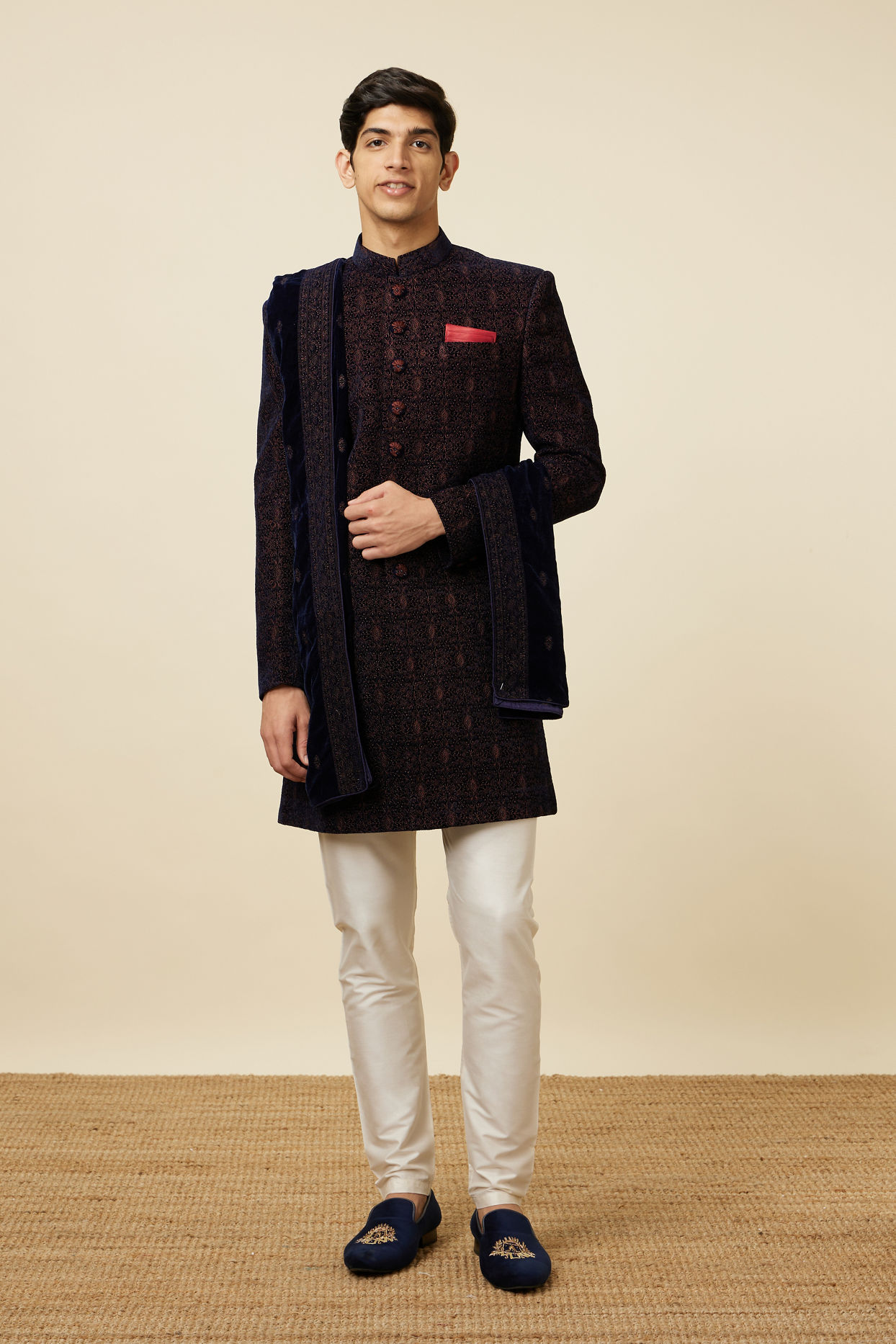 alt message - Manyavar Men Enchanting Velvet Blue Indo Western image number 2