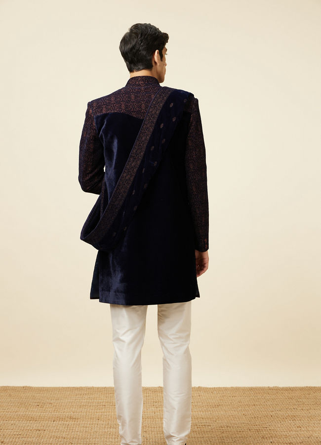 Manyavar Men Enchanting Velvet Blue Indo Western